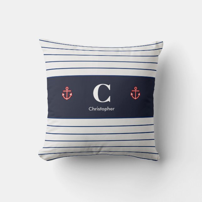 Anpassningsbar Nautical Navy White Rand Kudde (Framsida)