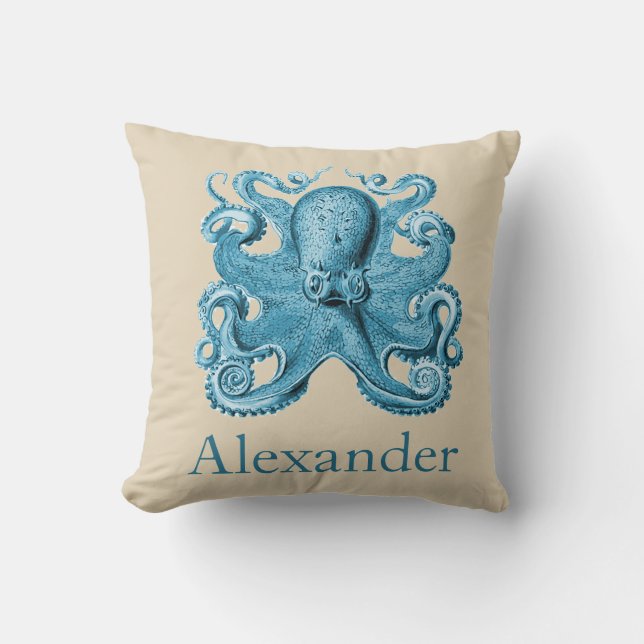 Anpassningsbar Nautical Octopus i Blue och Tan Kudde (Framsida)