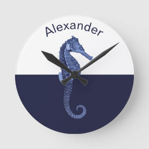 Anpassningsbar Nautical Seahorse Navy Blue Ocean B Rund Klocka