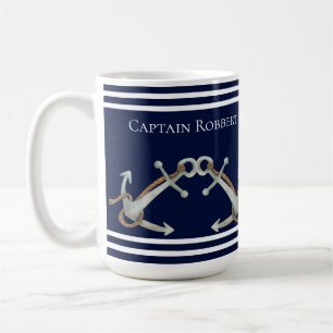Anpassningsbar Nautical White Navy Blue Anchors Kaffemugg