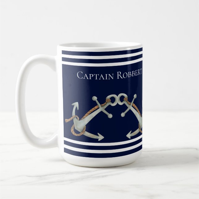 Anpassningsbar Nautical White Navy Blue Anchors Kaffemugg (Vänster)