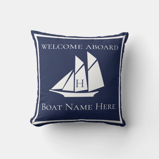 Anpassningsbar Nautical White Navy Blue Sailboat Kudde (Framsida)