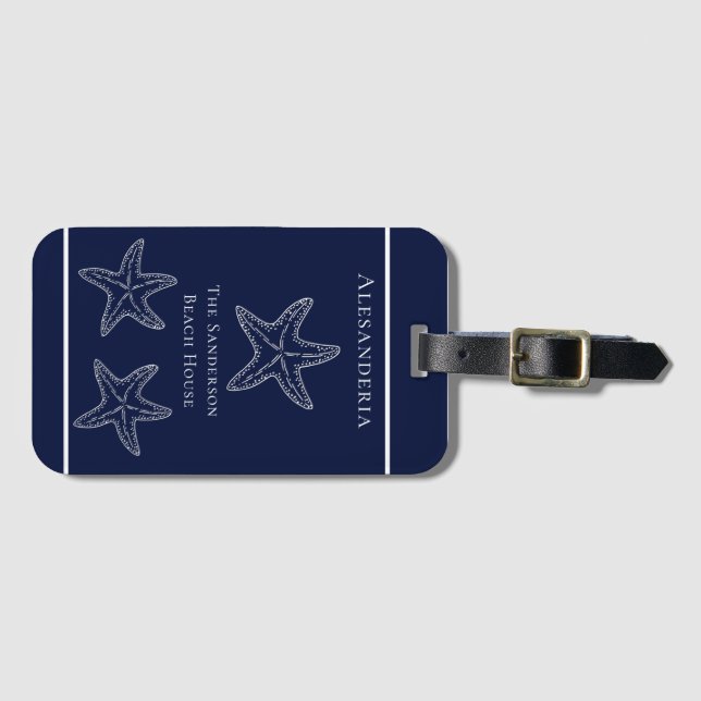 Anpassningsbar Nautical White Navy Blue Starfish B Bagagebricka (Framsida horisontal)