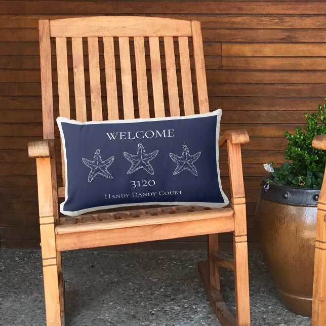 Anpassningsbar Nautical White Navy Blue Starfish D Lumbarkudde (Skapare uppladdad)