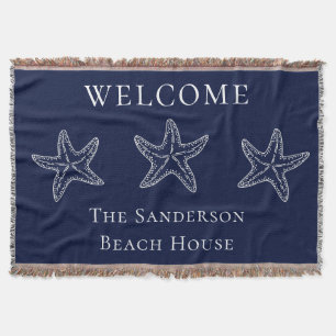 Anpassningsbar Nautical White Navy Blue Starfish Filt