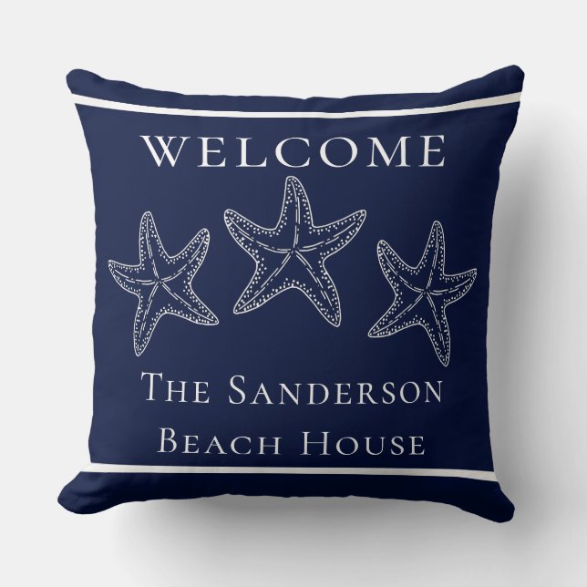 Anpassningsbar Nautical White Navy Blue Starfish Kudde (Framsida)