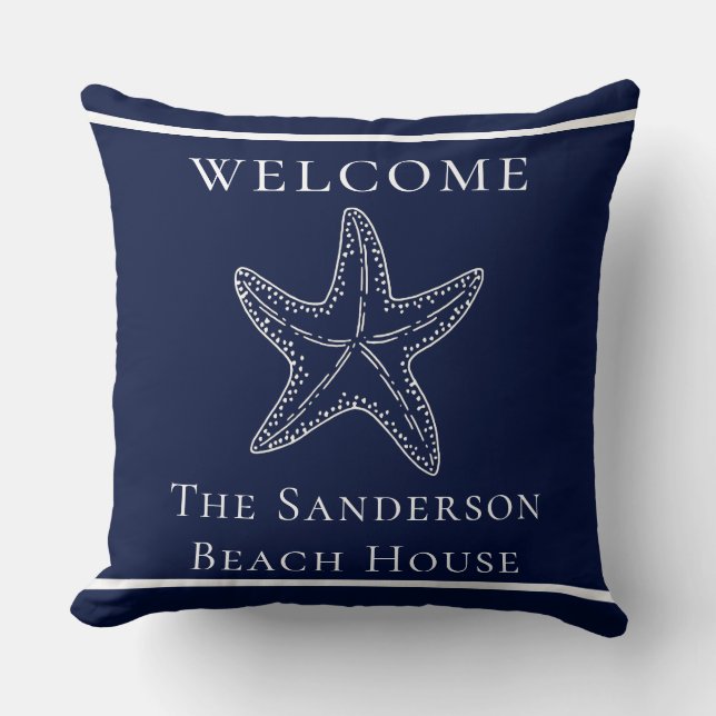 Anpassningsbar Nautical White Navy Blue Starfish T Kudde (Framsida)