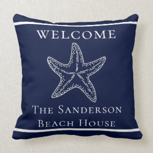 Anpassningsbar Nautical White Navy Blue Starfish T Kudde