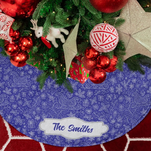 Anpassningsbar Navy Blue Doodle jul Sleigh Mönster Julgransmatta Borstad Polyester (Skapare uppladdad)