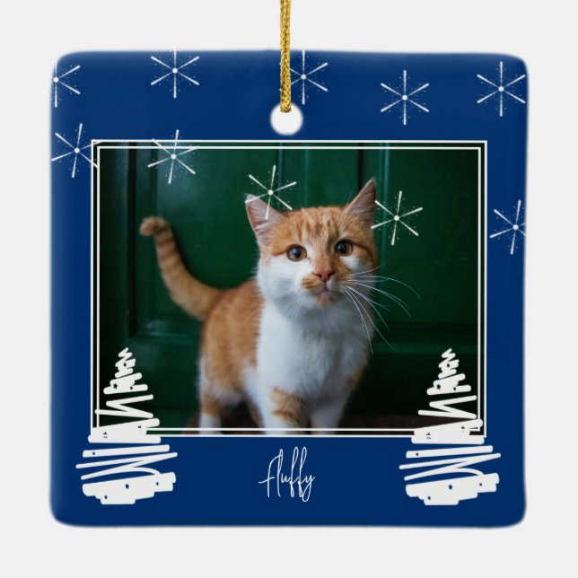 Anpassningsbar Navy Blue-Julfamilj Foto och Pet Julgransprydnad Keramik (Baksida)