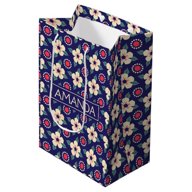 Anpassningsbar Navy Blue med Cream Flowers Gift Ba (Framsidan Vinklad)