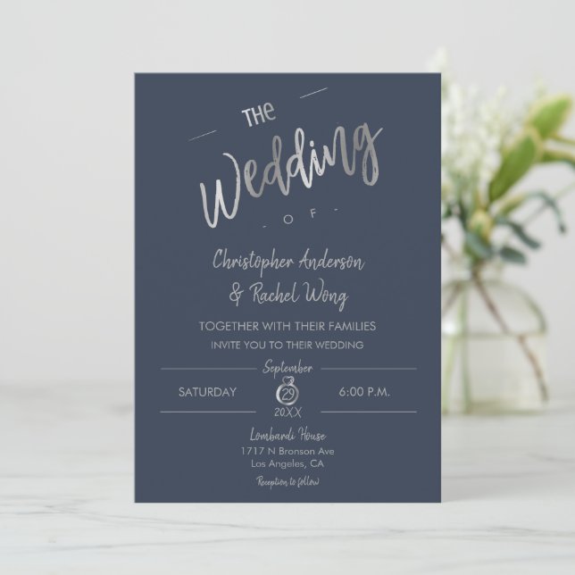Anpassningsbar Navy Blue Simple Script Silver Foil Inbjudningar (Stående Fram)