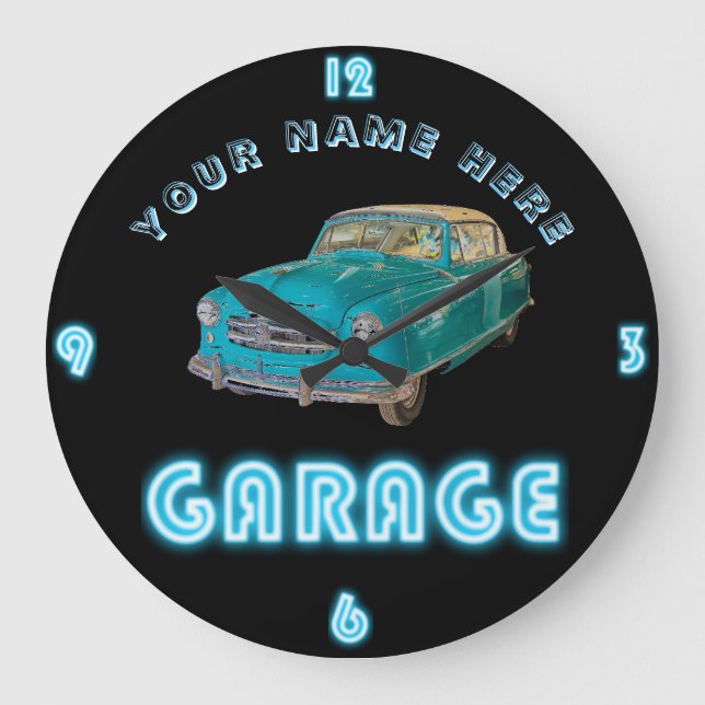 Anpassningsbar NEON GARAGE Clock ADD Business Namn Stor Klocka (Framsida)