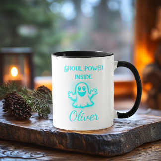 Anpassningsbar Neon Halloween Mugg - Cyan Ghost De