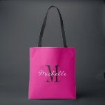 Anpassningsbar neon rosa och svart monogrammad tot tygkasse<br><div class="desc">Anpassningsbar hett rosa och svart monogram tote bags. Snyggtens monogrammerade utformning med glamorös manustypografi för personlig namn. Lägg till din egen anpassningsbar, första brev. Klassfesten föredrar en presentidé för chic bröllop, finare, födelsedag, årsdag, bachelorette, förlovning, flickor helg, möhippa, giftermål etc. Anpassadets bakgrund färg. Tillbehör till trendig för kvinnor och flickor....</div>