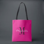 Anpassningsbar neon rosa och svart monogrammad tot tygkasse<br><div class="desc">Anpassningsbar hett rosa och svart monogram tote bags. Snyggtens monogrammerade utformning med glamorös manustypografi för personlig namn. Lägg till din egen anpassningsbar, första brev. Klassfesten föredrar en presentidé för chic bröllop, finare, födelsedag, årsdag, bachelorette, förlovning, flickor helg, möhippa, giftermål etc. Anpassadets bakgrund färg. Tillbehör till trendig för kvinnor och flickor....</div>