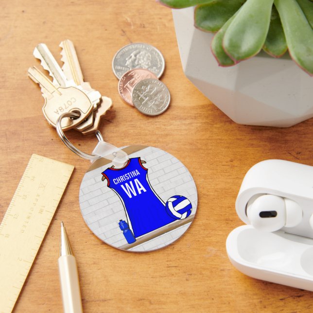 Anpassningsbar Netball Uniform Blue med rött och v Nyckelring (Skrivbord)