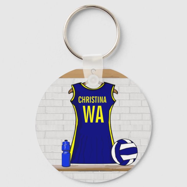 Anpassningsbar Netball Uniform Navy gult Nyckelring (Framsida)