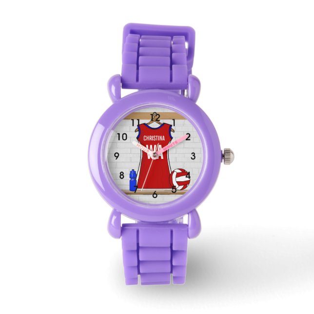 Anpassningsbar Netball Uniform Red med blå och vit Armbandsur (Framsida)