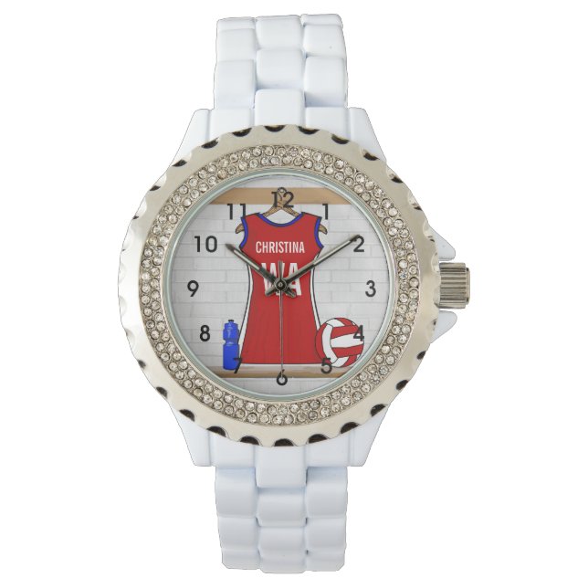 Anpassningsbar Netball Uniform Red med blå och vit Armbandsur (Framsida)