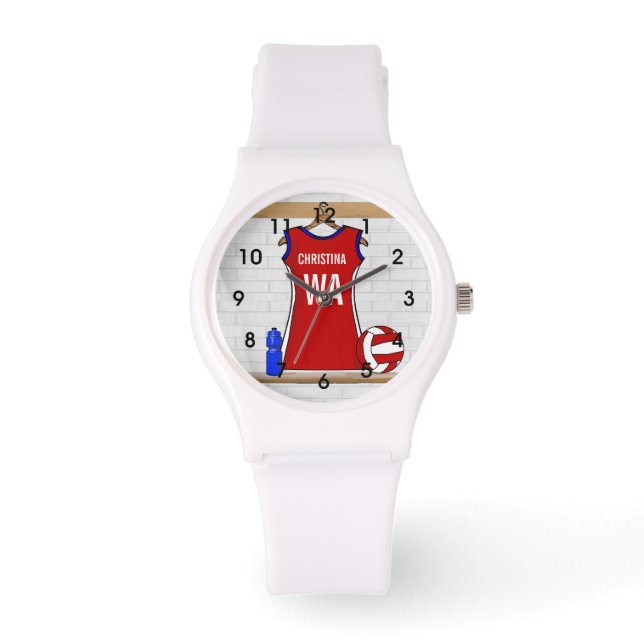 Anpassningsbar Netball Uniform Red med blå och vit Armbandsur (Framsida)