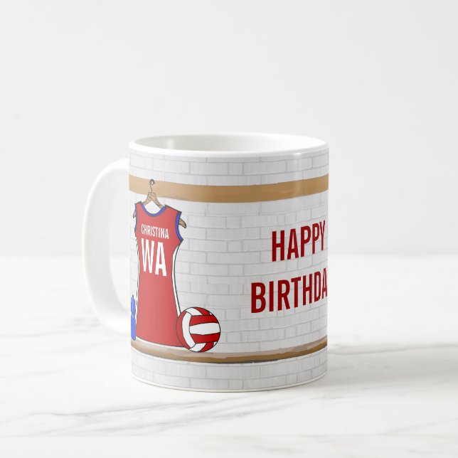 Anpassningsbar Netball Uniform Red med blå och vit Kaffemugg (Framsida vänster)