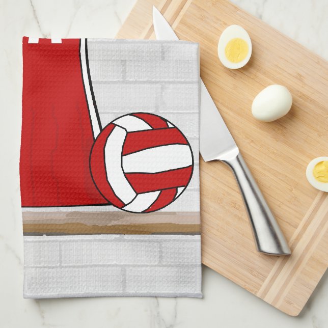 Anpassningsbar Netball Uniform Red med blå och vit Kökshandduk (Vikt i Fjärdedel)