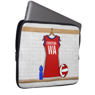 Anpassningsbar Netball Uniform Red med blå och vit Laptop Sleeve