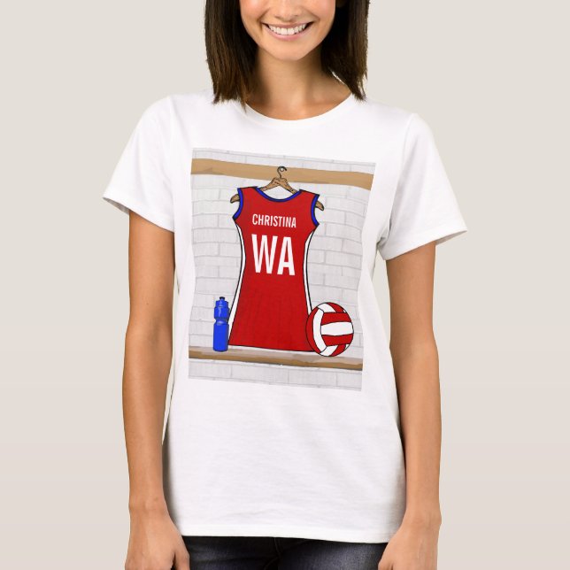 Anpassningsbar Netball Uniform Red med blå och vit Tee (Framsida)