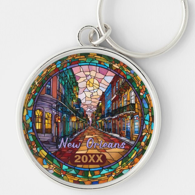 Anpassningsbar New Orleans Bourbon Street Dated Rund Silverfärgad Nyckelring (Framsidan)
