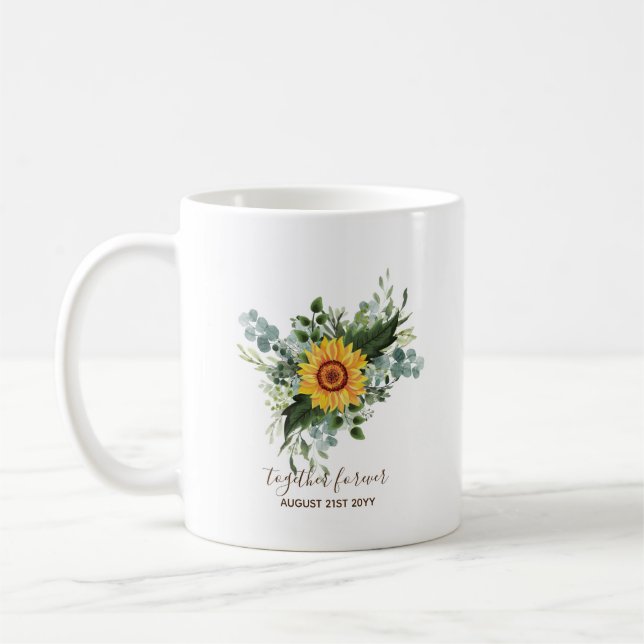 Anpassningsbar Newlyweds Rustic Sunblommor Eucalyp Kaffemugg (Vänster)