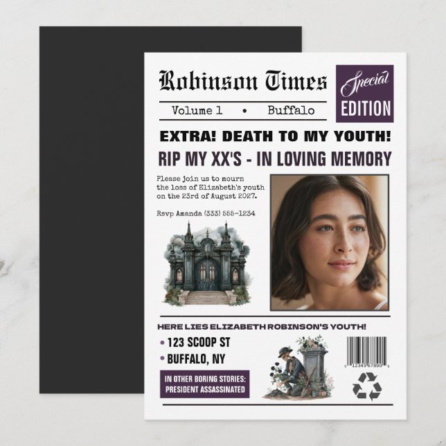 Anpassningsbar Newspaper Gothic Födelsedagsfest Inbjudningar (Fram/baksida)