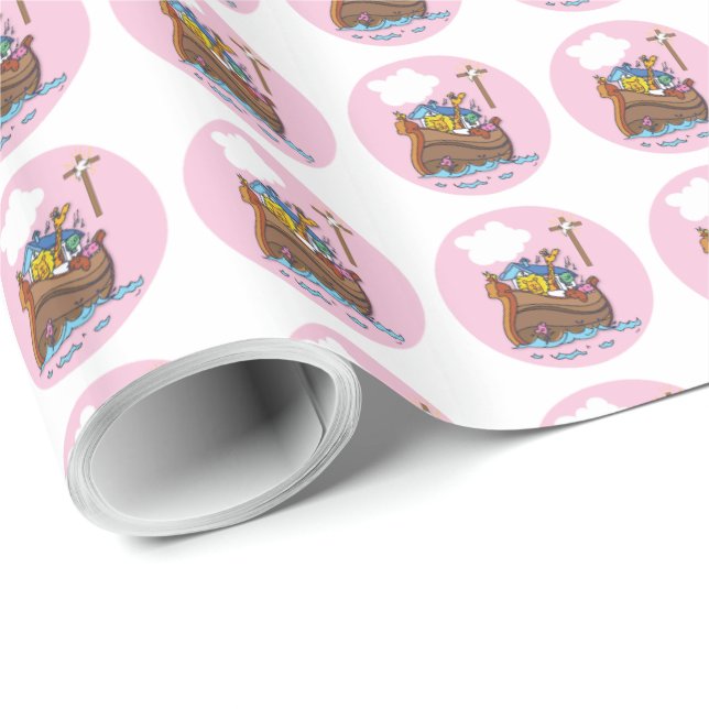 Anpassningsbar Noas ark barnedåp, flicka rosa Presentpapper (Rullad Hörn)