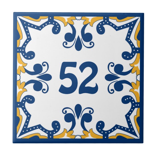 Anpassningsbar nummer blue och gult Azulejos Ceram Kakelplatta (Framsidan)