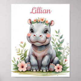 Anpassningsbar Nursery Girl's Safari Baby Hippo Poster