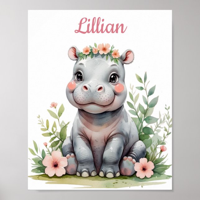 Anpassningsbar Nursery Girl's Safari Baby Hippo Poster (Framsidan)
