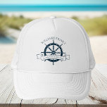 Anpassningsbar Ocean Cruise Vacation Boat Kapten Keps<br><div class="desc">Chic anpassningsbar sommarsemesterhatt för din strandkryssning på havet med en marin blå fartygsratt. Detta nautiska tema är perfekt för klassknutpunkter för familjeåterförening för att hedra minnet av speciella resa eller för en frakt kapten. Anpassa med ditt efternamn och år.</div>