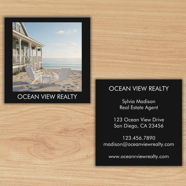 Anpassningsbar Ocean View Photo Realty Black Fyrkantigt Visitkort (Custom Ocean View Photo Realty Black Square Business Card)