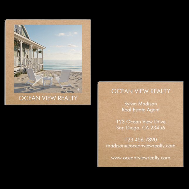 Anpassningsbar Ocean View Photo Realty Kraft Fyrkantigt Visitkort (Custom Ocean View Photo Teal Estate Agent Kraft Square Business Card)