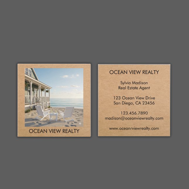 Anpassningsbar Ocean View Photo Realty Kraft Fyrkantigt Visitkort (Custom Ocean View Photo Realty Kraft Square Business Card)
