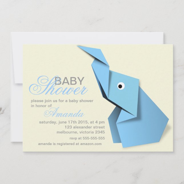 Anpassningsbar origami elefant babydusch inbjudningar (Framsida)