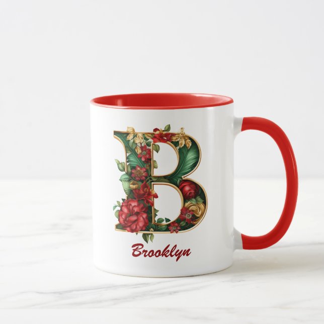 Anpassningsbar Ornate Monogram B jul Red Guld Mugg (Höger)