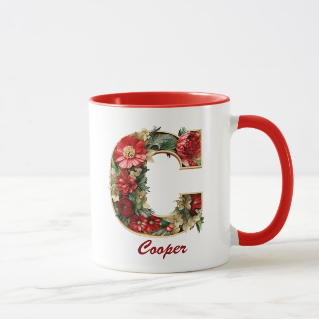Anpassningsbar Ornate Monogram C jul Red Guld Mugg (Höger)
