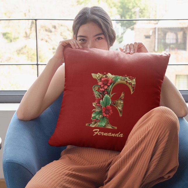 Anpassningsbar Ornate Monogram F jul Red Guld Kudde (Skapare uppladdad)