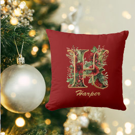Anpassningsbar Ornate Monogram H jul Red Guld Kudde