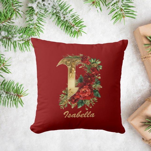 Anpassningsbar Ornate Monogram I jul Red Guld Kudde (Skapare uppladdad)