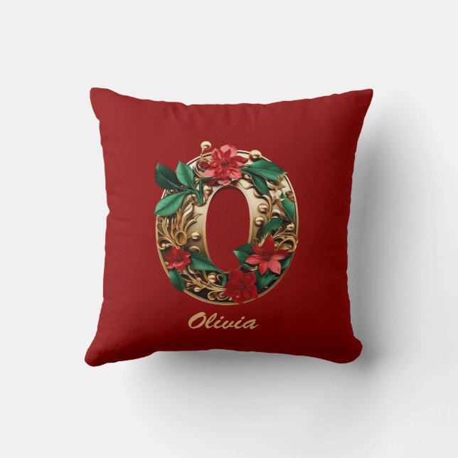 Anpassningsbar Ornate Monogram O Jul Red Guld Kudde (Baksida)