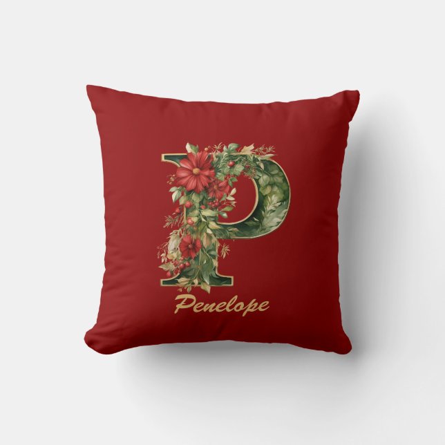 Anpassningsbar Ornate Monogram P jul Red Guld Kudde (Framsida)