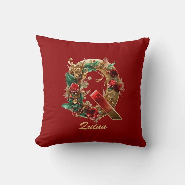 Anpassningsbar Ornate Monogram Q jul Red Guld Kudde (Framsida)