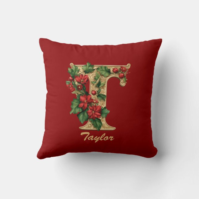Anpassningsbar Ornate Monogram T jul Red Guld Thro Kudde (Baksida)